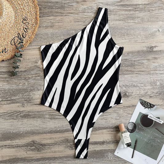 Black White Zebra Pattern Print One Shoulder Bodysuit