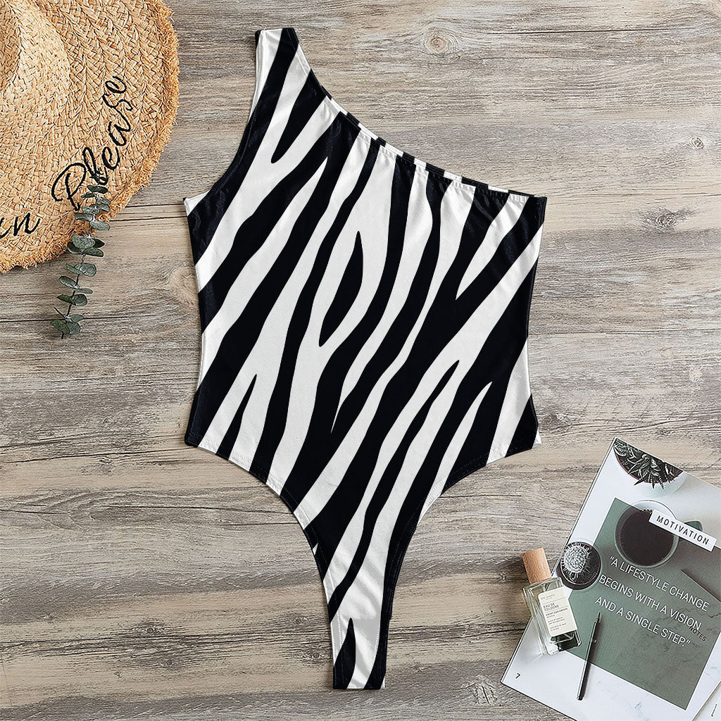 Black White Zebra Pattern Print One Shoulder Bodysuit