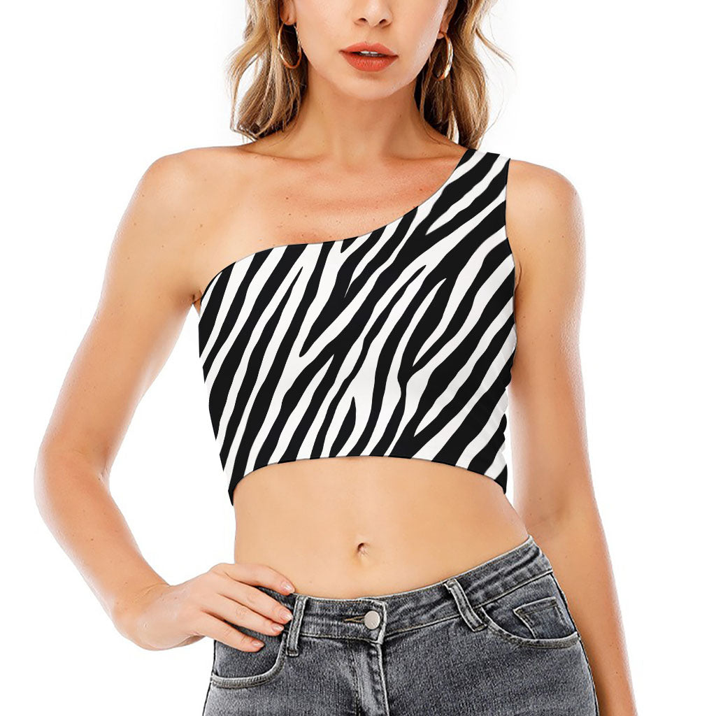 Black White Zebra Pattern Print One Shoulder Crop Top