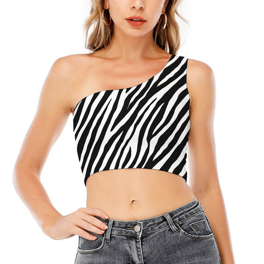 Black White Zebra Pattern Print One Shoulder Crop Top