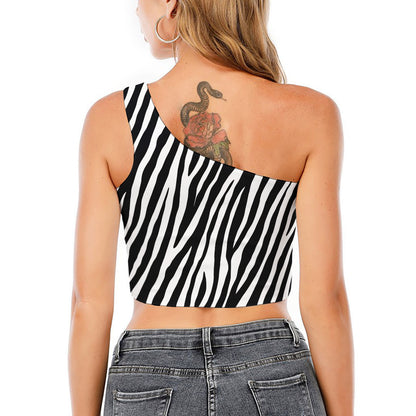 Black White Zebra Pattern Print One Shoulder Crop Top