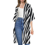Black White Zebra Pattern Print Open Front Beach Cover Up