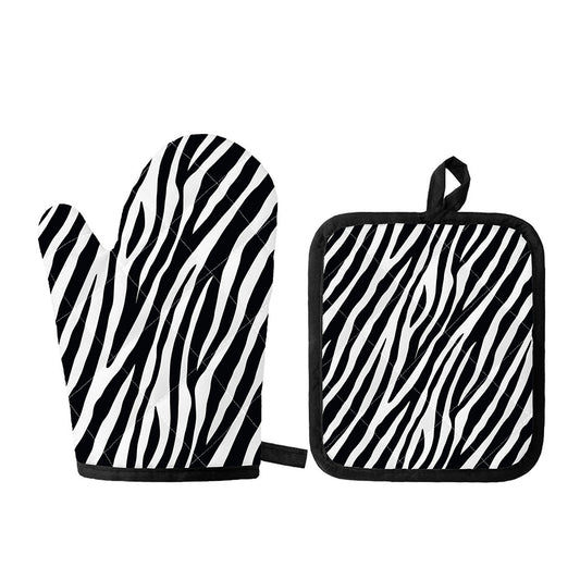 Black White Zebra Pattern Print Oven Mitt And Pot Holder Set