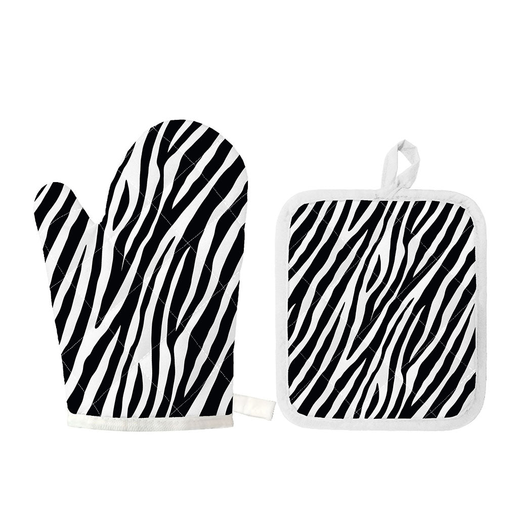 Black White Zebra Pattern Print Oven Mitt And Pot Holder Set