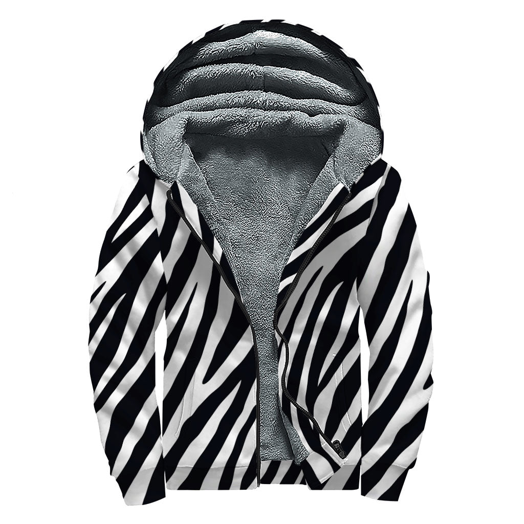 Black White Zebra Pattern Print Sherpa Lined Zip Up Hoodie