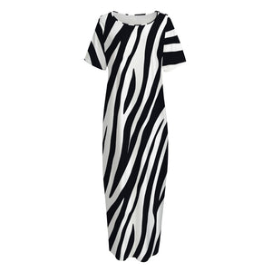 Black White Zebra Pattern Print Short Sleeve Long Nightdress