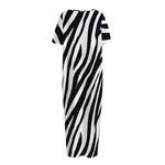 Black White Zebra Pattern Print Short Sleeve Long Nightdress