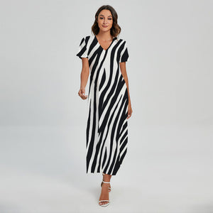 Black White Zebra Pattern Print Short Sleeve Maxi Dress