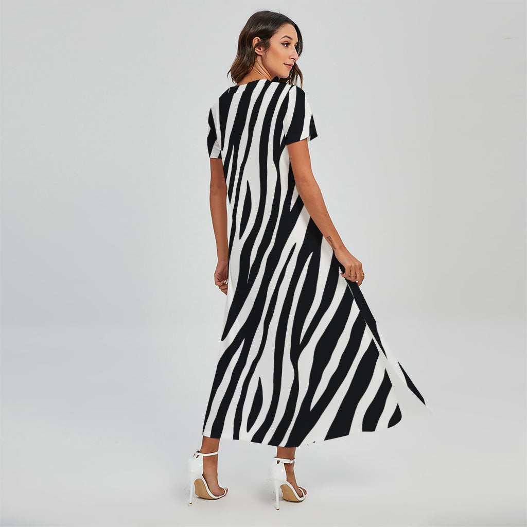 Black White Zebra Pattern Print Short Sleeve Maxi Dress