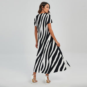 Black White Zebra Pattern Print Short Sleeve Maxi Dress