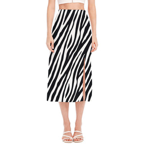 Black White Zebra Pattern Print Side Slit Midi Skirt