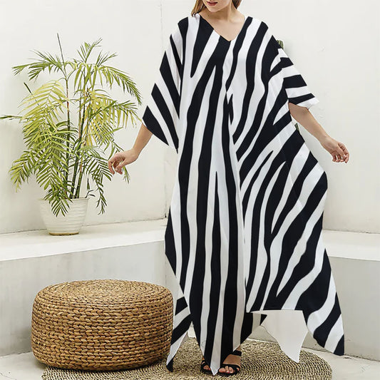 Black White Zebra Pattern Print Silk V-Neck Kaftan Dress