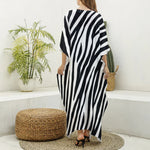 Black White Zebra Pattern Print Silk V-Neck Kaftan Dress