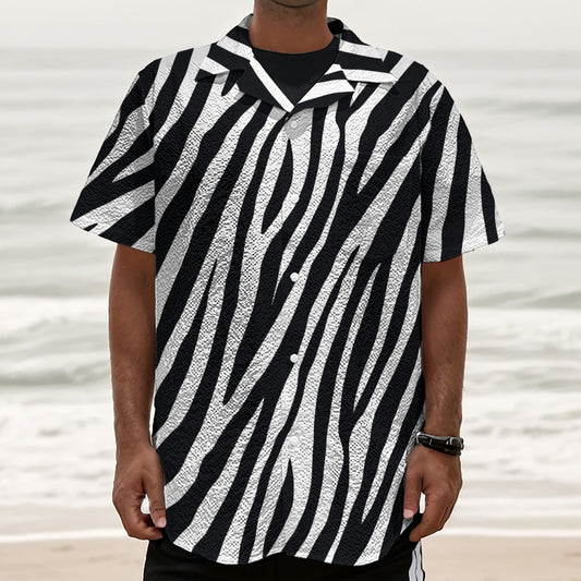 Black White Zebra Pattern Print Textured Short Sleeve Shirt