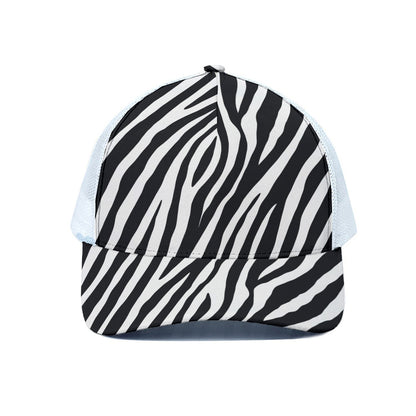 Black White Zebra Pattern Print White Mesh Trucker Cap