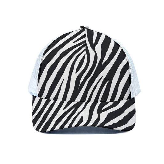 Black White Zebra Pattern Print White Mesh Trucker Cap