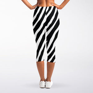 Black White Zebra Pattern Print Women's Capri Leggings