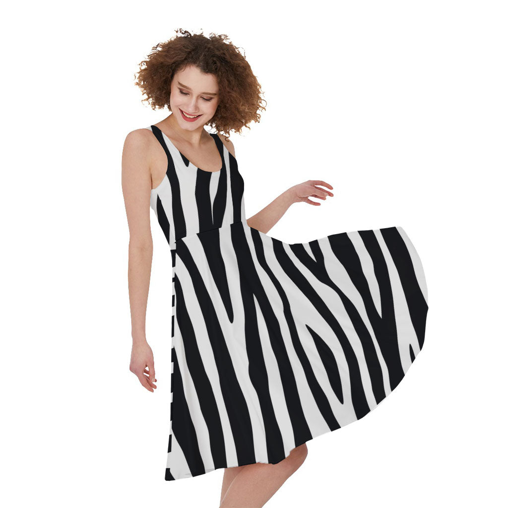 Black White Zebra Pattern Print Women's Sleeveless Dress