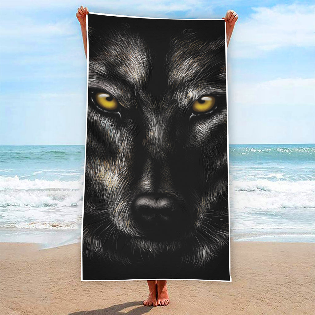 Black Wolf Portrait Print Beach Towel