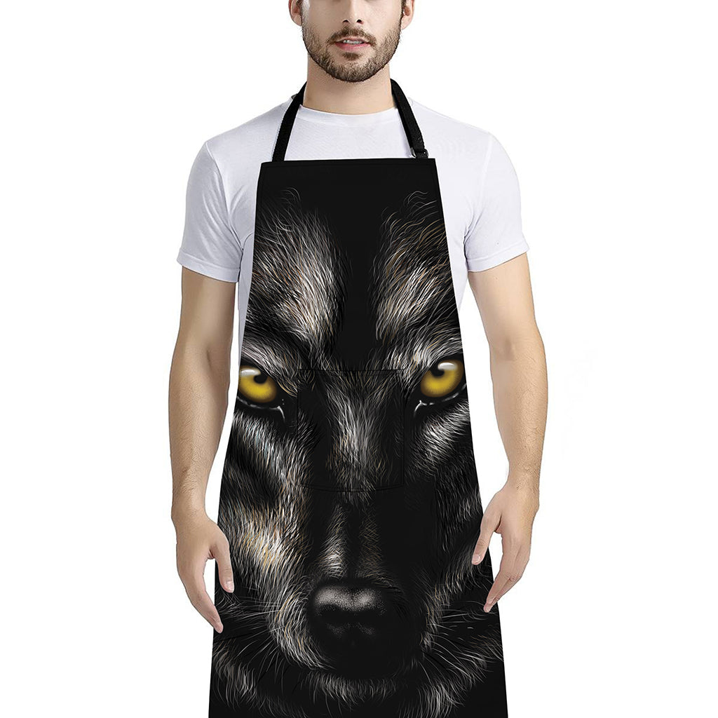 Black Wolf Portrait Print Bib Apron With Pocket