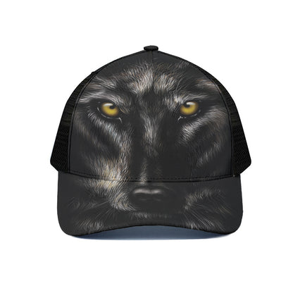 Black Wolf Portrait Print Black Mesh Trucker Cap
