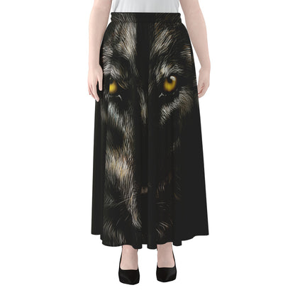 Black Wolf Portrait Print Chiffon Maxi Skirt