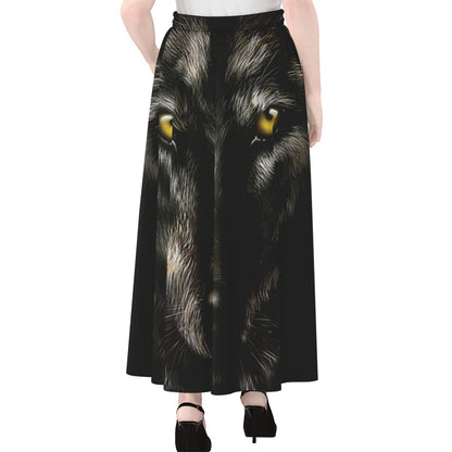 Black Wolf Portrait Print Chiffon Maxi Skirt