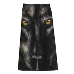 Black Wolf Portrait Print Cotton Front Slit Maxi Skirt