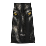 Black Wolf Portrait Print Cotton Front Slit Maxi Skirt