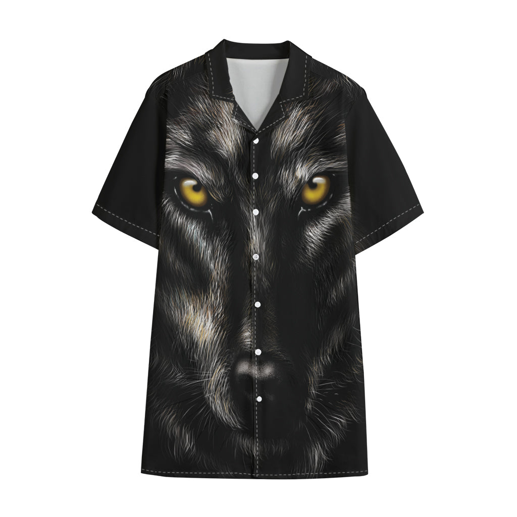 Black Wolf Portrait Print Cotton Hawaiian Shirt