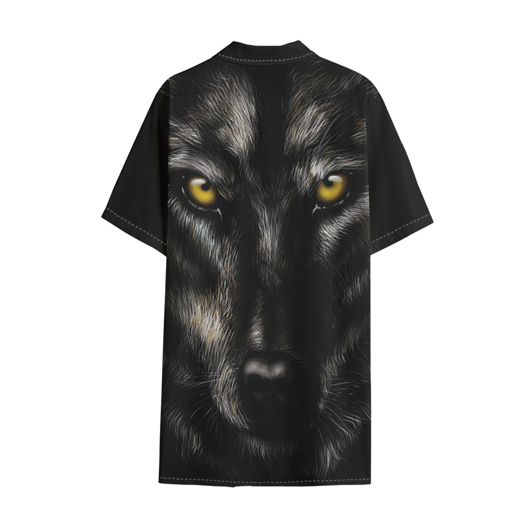 Black Wolf Portrait Print Cotton Hawaiian Shirt