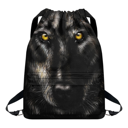 Black Wolf Portrait Print Drawstring Backpack