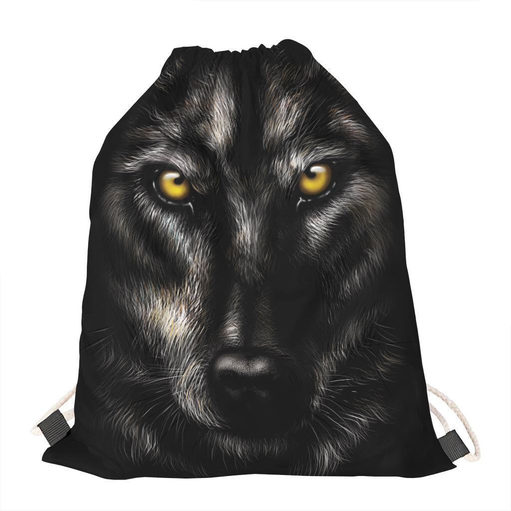 Black Wolf Portrait Print Drawstring Bag