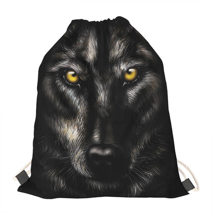 Black Wolf Portrait Print Drawstring Bag