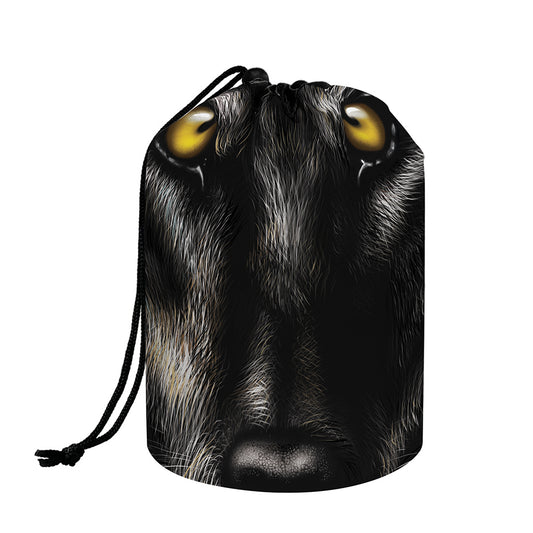 Black Wolf Portrait Print Drawstring Makeup Bag