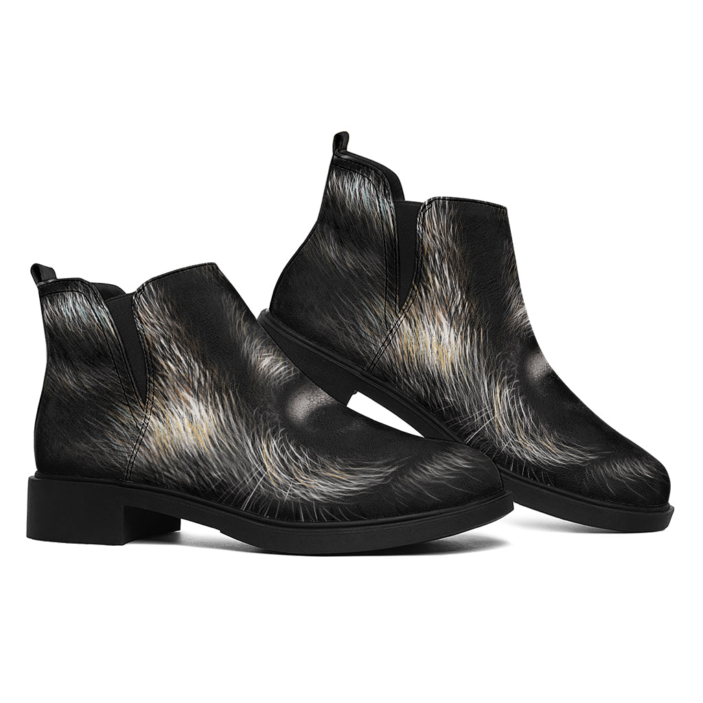 Black Wolf Portrait Print Flat Ankle Boots