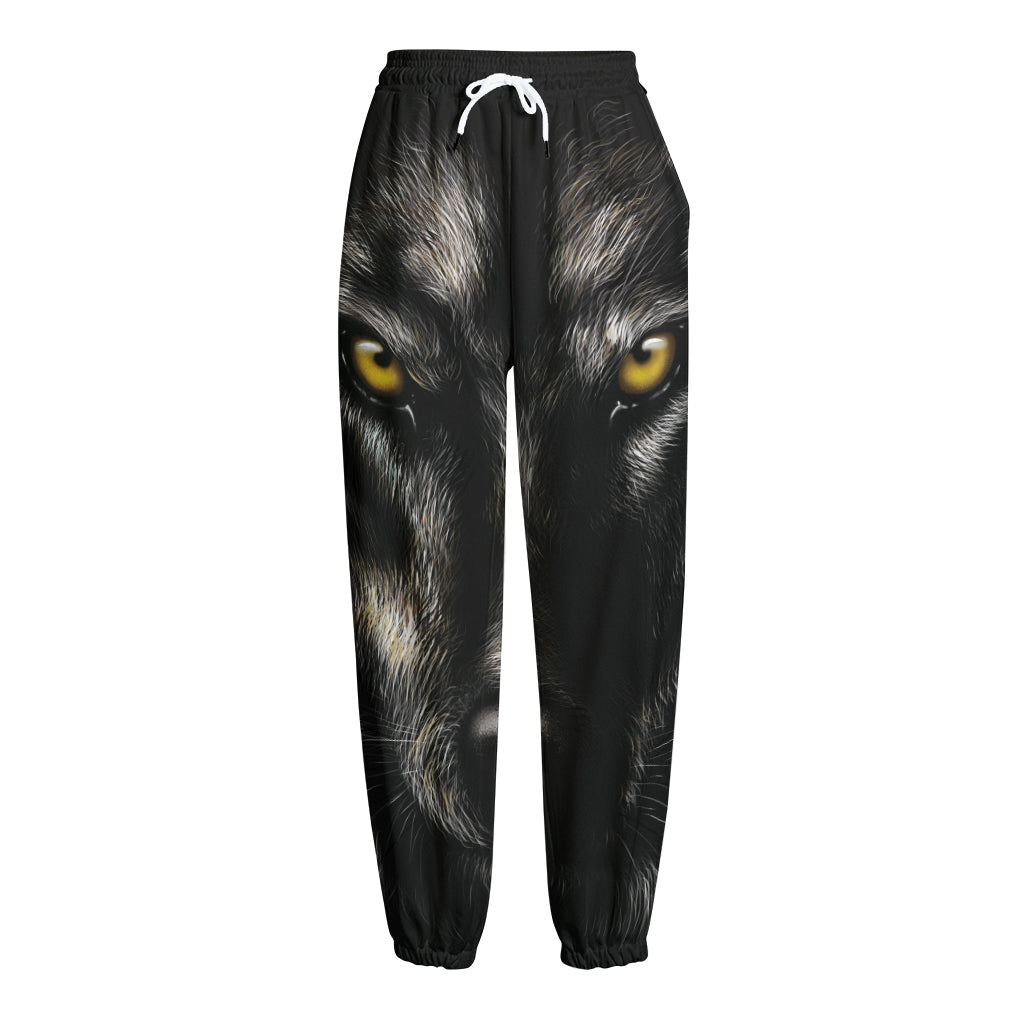 Black Wolf Portrait Print Fleece Lined Knit Pants