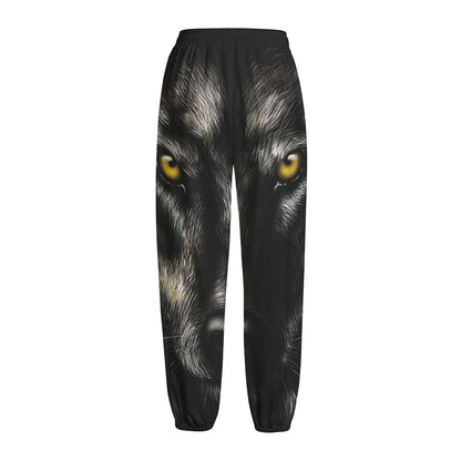 Black Wolf Portrait Print Fleece Lined Knit Pants