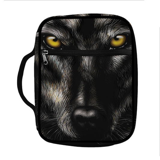 Black Wolf Portrait Print Front Pocket Bible Bag