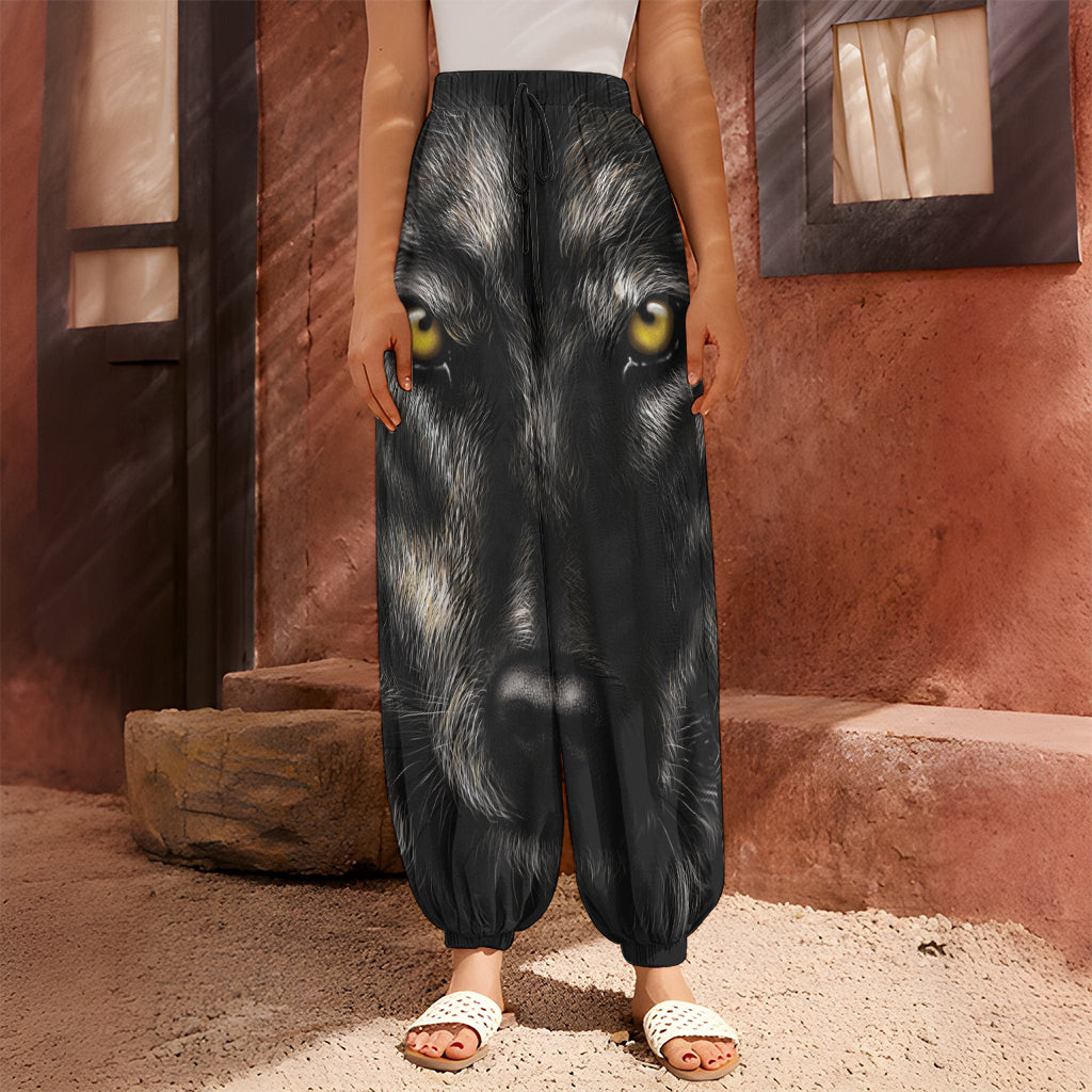 Black Wolf Portrait Print Harem Pants