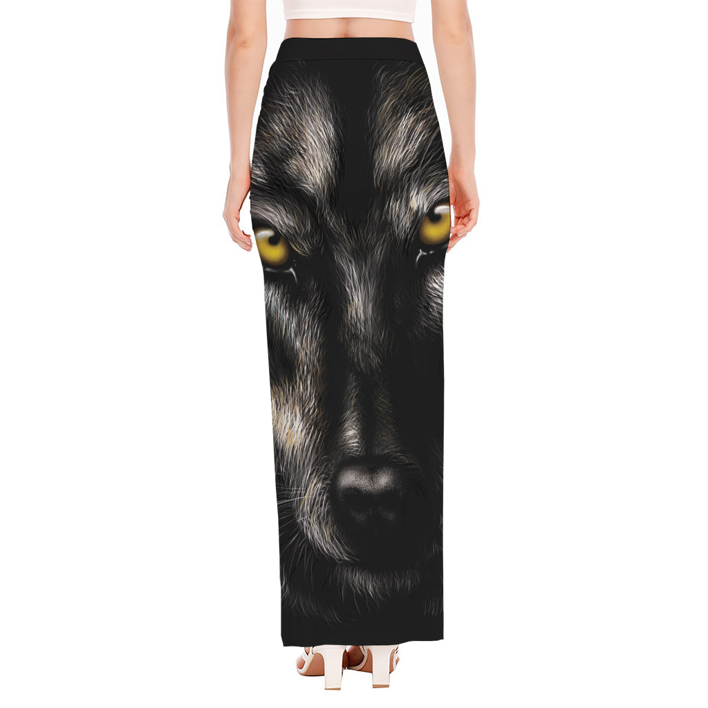 Black Wolf Portrait Print High Slit Maxi Skirt
