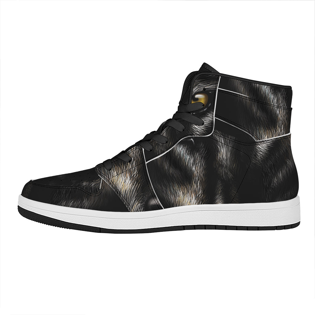 Black Wolf Portrait Print High Top Leather Sneakers