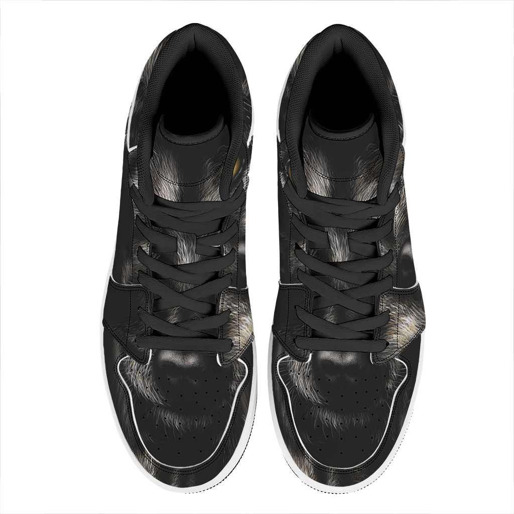 Black Wolf Portrait Print High Top Leather Sneakers