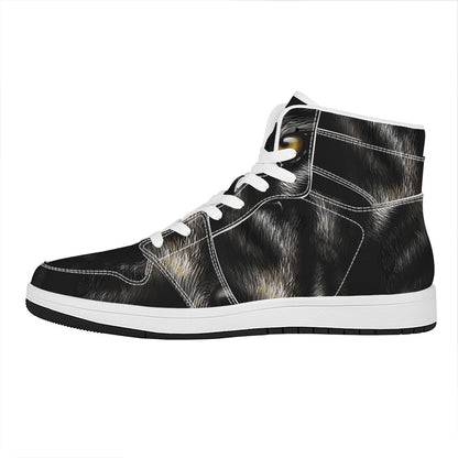 Black Wolf Portrait Print High Top Leather Sneakers