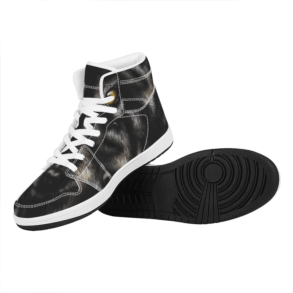 Black Wolf Portrait Print High Top Leather Sneakers