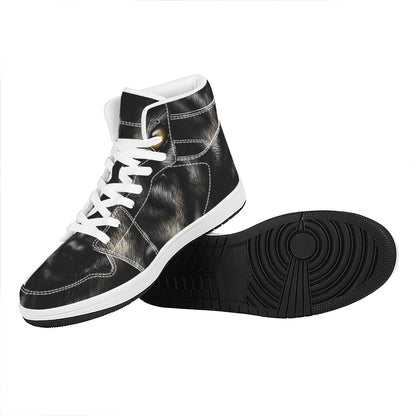 Black Wolf Portrait Print High Top Leather Sneakers