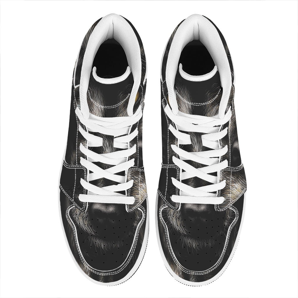 Black Wolf Portrait Print High Top Leather Sneakers