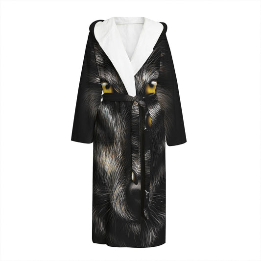 Black Wolf Portrait Print Hooded Bathrobe
