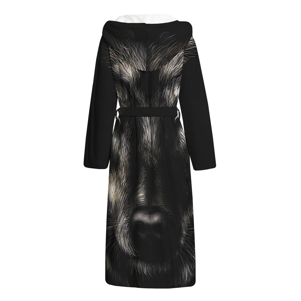 Black Wolf Portrait Print Hooded Bathrobe