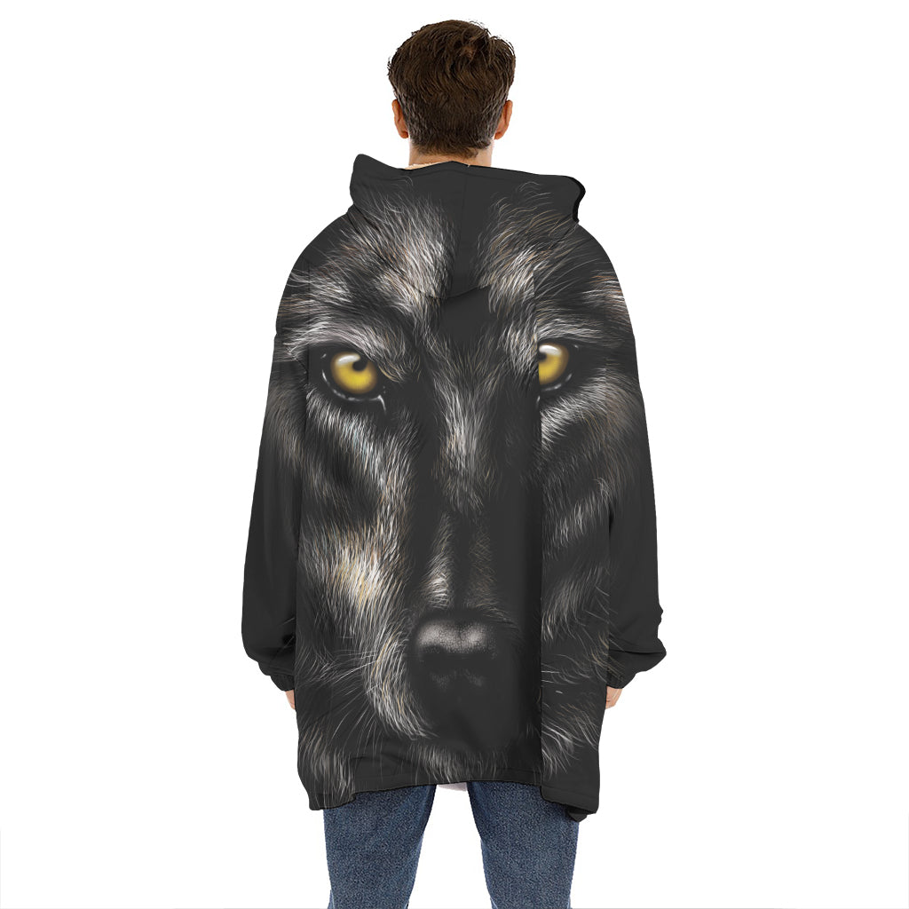 Black Wolf Portrait Print Hoodie Blanket